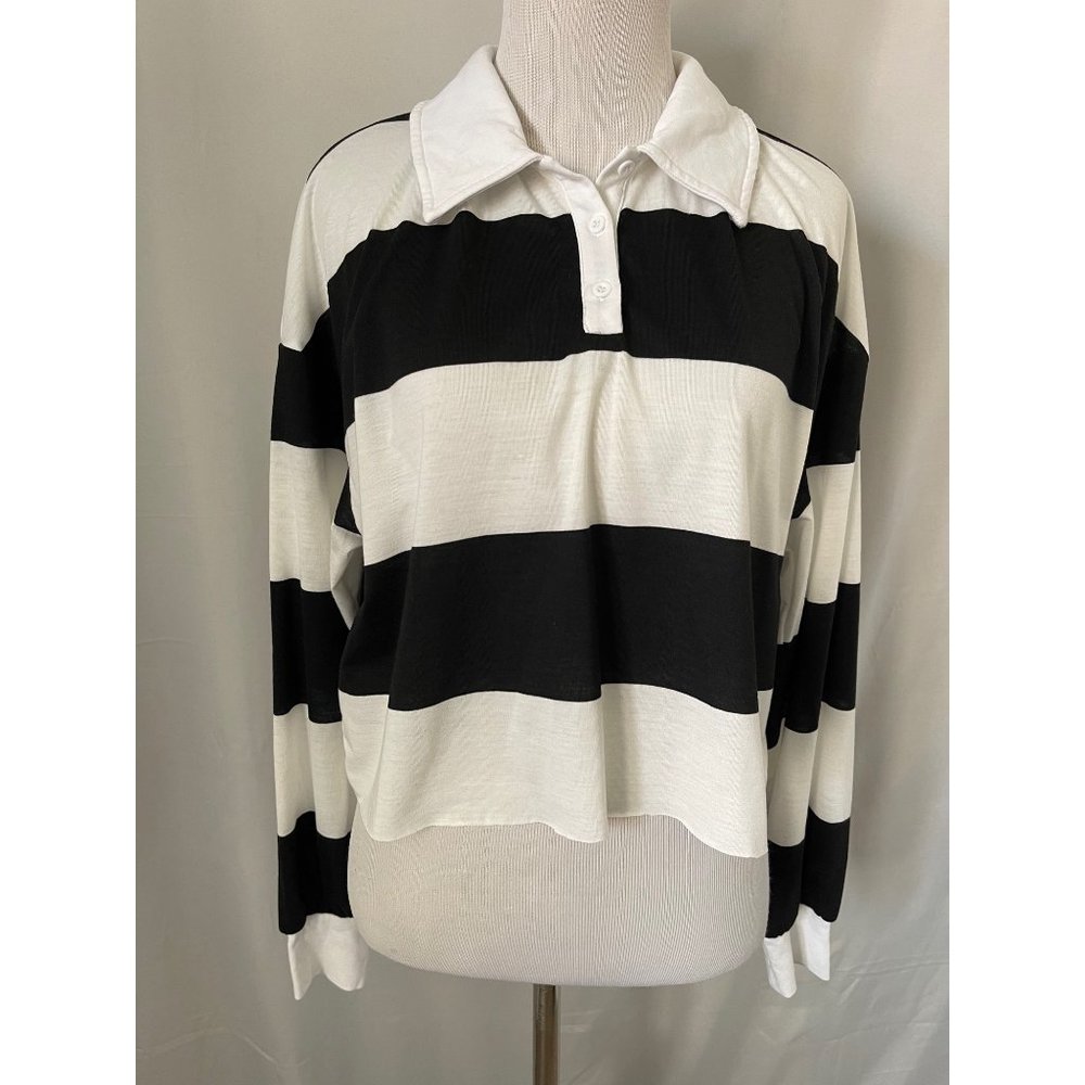 Shein Black/White Striped Long Sleeve Button Collar Crop Tee